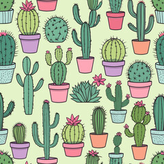 Colorful Cactus Pattern with Various Succulents in Pots on Light Green Background for Modern Home Decor
