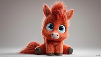 Cute cartoon red fire horse with big blue eyes - Symbol of 2026. Blurred background. Soft, warm tones.