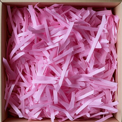 Box filled with pink shredded paper, often used for packaging or gift wrapping, creating soft and...