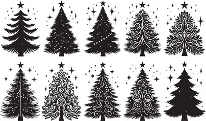 Obraz premium Black and white seamless Christmas tree vector pattern illustration