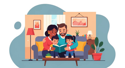 Happy family reading a book together at home. Perfect for family, parenting, or children's book illustrations.