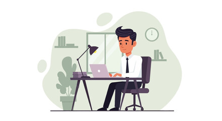 Young businessman working on laptop at office desk, ideal for website banners or business presentations.