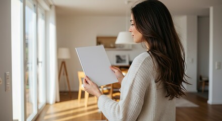 A woman reads a booklet in a welllit modern interior space with large windows