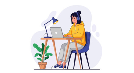 Young woman working from home on laptop, perfect for websites, blogs, and social media posts about remote work or freelance.