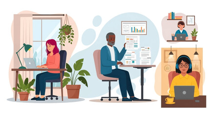 Remote Work Team Collaboration: Illustration for Landing Pages and Brochures