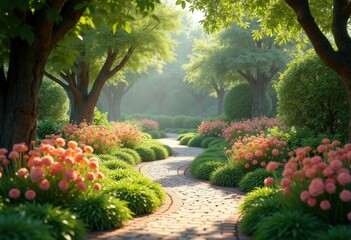 Obraz premium vibrant garden pathways framed lush greenery colorful flora serenity nature retreat, landscape, foliage, outdoors, tropical, blooming, botanical, scenery