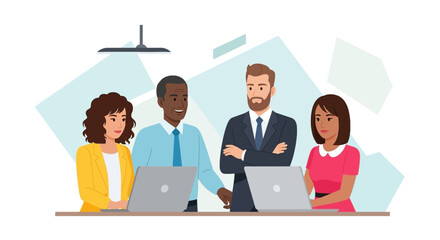 Obraz premium Diverse business team collaborating on laptops, ideal for website banners or presentations.