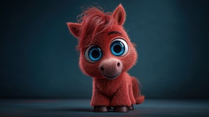 Cute cartoon red fire horse with big blue eyes - Symbol of 2026. Blurred background. Soft, warm tones.