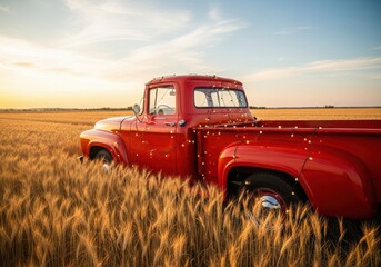Vintage red pickup truck in a golden wheat field at sunset