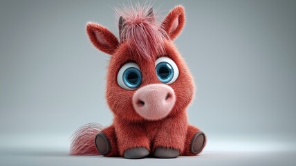 Cute cartoon red fire horse with big blue eyes - Symbol of 2026. Blurred background. Soft, warm tones.