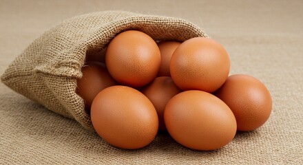 Brown eggs spill from a burlap sack on a beige burlap surface