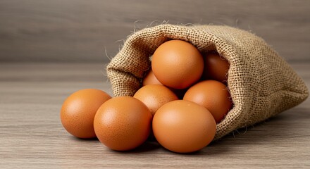 Brown eggs spill from a burlap bag on a light wood surface