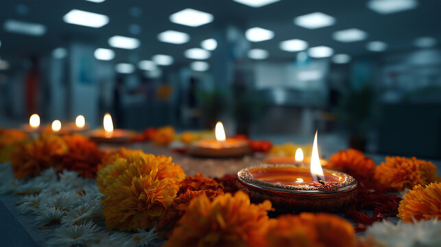 Diwali Office Decor: A close-up shot showcases traditional oil lamps amidst vibrant flower arrangements and intricate patterns, creating a warm and festive ambiance in a modern office setting.