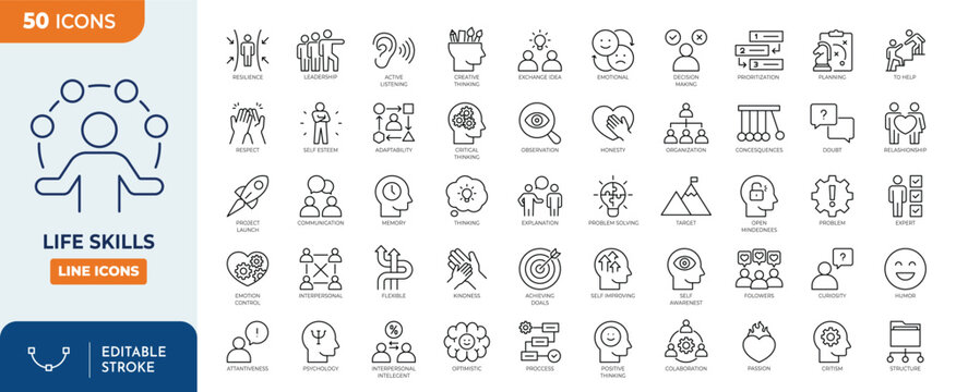 Life skills line editable icon set. Editable stroke. Vector illustration