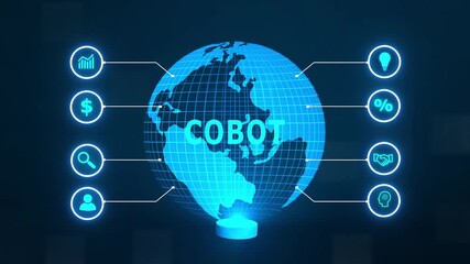 Collaborative robot, cobot ,new business concept ,tee icon attached around the map features the concept of network and technology confirmed. the map is rotating ,specify all icons, - Powered by Adobe