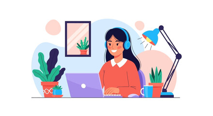 Happy woman working from home on laptop, perfect for blog posts or website banners about remote work.