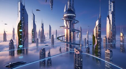 Futuristic city of skyscrapers floating above the clouds.