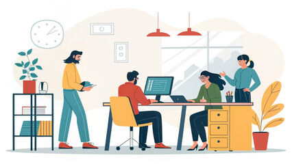 Diverse team collaborating in a modern office, perfect for illustrating teamwork and productivity on your website or company brochure.