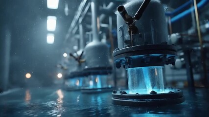 Advanced liquid-metal methane pyrolysis reactor chamber bubbling with energy in a misty, high-tech facility, glowing with neon blue hydrogen light and falling carbon particles in motion.