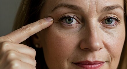 Closeup of a fairskinned womans face pointing to her eye Focus is on wrinkles