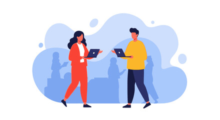 Two colleagues collaborating on laptops, ideal for teamwork and technology concepts.