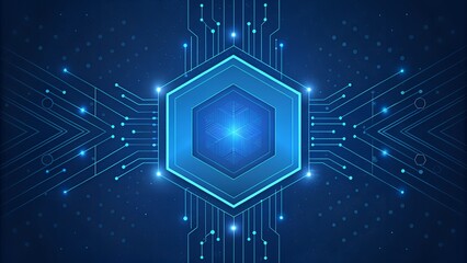 Dark blue background with a central glowing hexagon. The hexagon has a complex, crystalline structure within it and is surrounded by a network of glowing blue lines and dots, resembling a circuit.