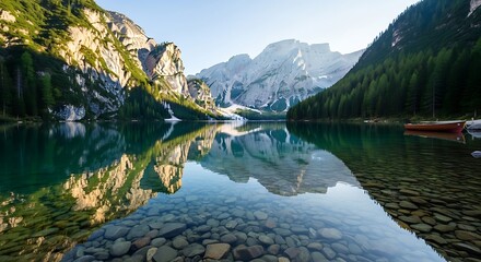 Serene mountain lake with mirrored reflections.