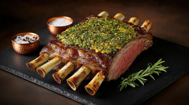 Herb crusted rack macro shot showcasing gourmet rack of lamb with rosemary garnish and copper bowls in fine dining presentation