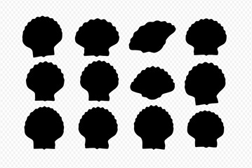 A collection of twelve black scallop seashell silhouettes shown from various angles on a checkered background.