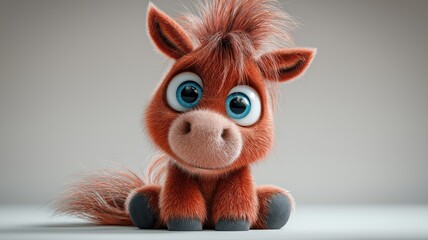 Cute cartoon red fire horse with big blue eyes - Symbol of 2026. Blurred background. Soft, warm tones.