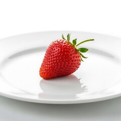 Single strawberry on a white plate.
