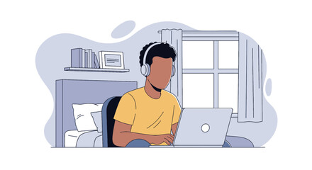 Man working from home on laptop, wearing headphones.  Perfect for blogs, websites, and articles about remote work.