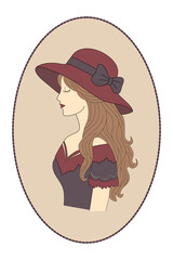Stylish vector illustration of a vintage woman in a wide-brim hat with bow. Ideal for retro fashion, beauty and decorative projects.