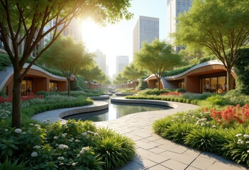 vibrant native plants urban park landscape design refreshing greenery nature inspired architecture, vegetation, flora, pavilion, flowerbed, horticulture