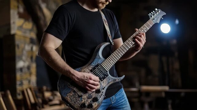 Man playing electric guitar in casual clothing black t shirt focused on musical instrument performance indoor close up playing guitar musician