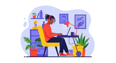 Young man working from home on laptop, perfect for remote work, freelance, and work-life balance illustrations.
