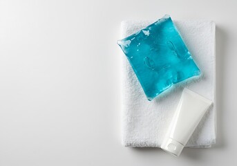 Skincare products with blue gel and cream on white towel background  
