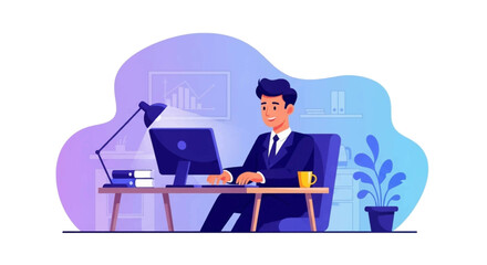 Smiling businessman working on computer in modern office, ideal for business websites and presentations.