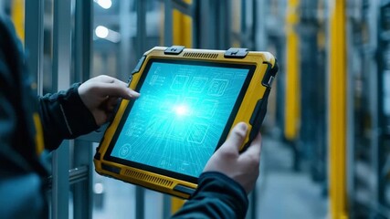 Rugged industrial tablet with digital touchscreen interface for control and data management warehouse automation using advanced technology hand - Powered by Adobe