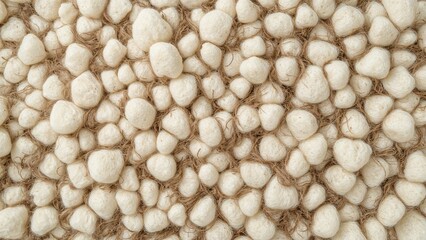 Natural silkworm cocoons texture background with raw silk fibers for textile manufacturing and sustainable fashion concepts