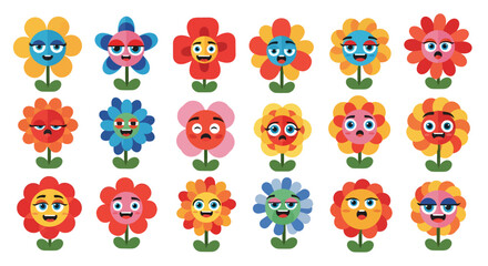Obraz premium A collection of colorful cartoon flower characters showing various emotions. Cute flat vector illustration set.