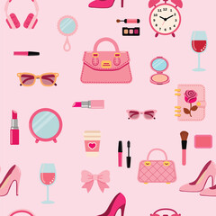 Seamless pattern with elements, fashion and lifestyle, in pink tones. Depicts lipsticks, mascara, eyeshadow, bags, glasses, shoes, mirror, brush, powder, cup of coffee, alarm clock, glass of wine 