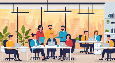 Modern office workers collaborating on projects, ideal for website banners or business presentations.