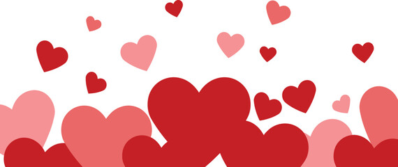 A cascade of red and pink hearts of various sizes and textures creating a festive border isolated on transparent background