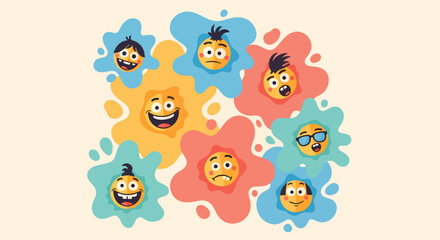 Fototapeta premium A vibrant collection of expressive cartoon faces showing a spectrum of human emotions and feelings on colorful splashes.