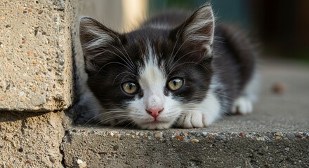 Kitten lying on concrete black  white fur yellow eyes pink nose playful pose