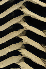 Close-up detail of a geometric pattern of tire tracks on sand