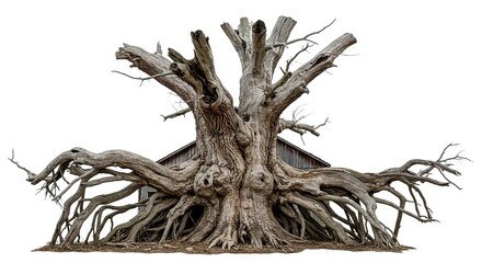 Fototapeta premium Massive gnarled leafless tree with thick roots set against a gray aged building all on a white background