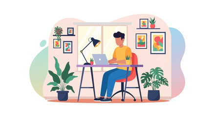 Person working from home at a desk with plants and artwork, perfect for blog posts and website banners.