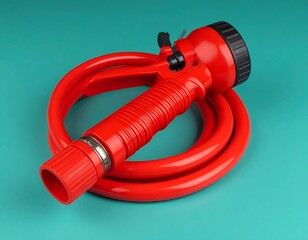 Red plastic garden hose nozzle coiled on teal background
